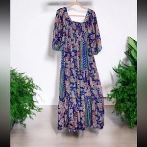 ME 2 MAGIC Anthropologie Bohemian Smocked Maxi Tiered Dress Large Balloon Sleeve